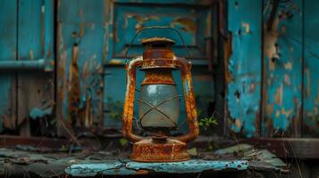 Rusty lantern in an abandoned house, symbolizing forgotten times and nostalgia, copy space for text photo