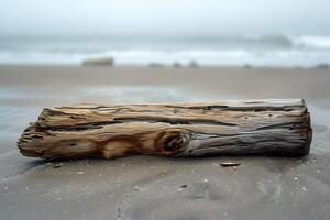 Single piece of driftwood on an empty beach, symbolizing isolation and loneliness photo