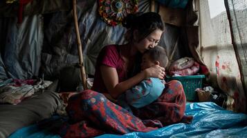 A mother comforting her child in a temporary shelter, sparse and makeshift surroundings photo