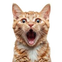Surprised orange tabby cat with mouth open isolated on a white background, ideal for pet related concepts and International Cat Day promotions photo