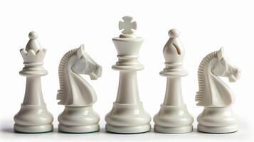 White chess pieces set up for a game, strategic and intellectual, isolated on white photo