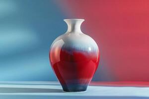 A red, white, and blue ceramic vase in a contemporary style, against a blue to red gradient background photo
