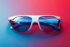 Futuristic sunglasses with red, white, and blue frames, displayed on a red to blue gradient background photo