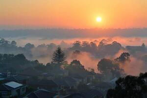 Sunrise obscured by haze over a suburban landscape, hinting at air pollution photo