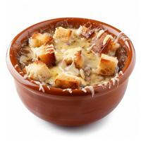 French onion soup with melted cheese and croutons isolated on white background photo
