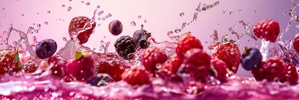 Mixed berry juice splashes on a purple to magenta gradient background, bold and colorful photo