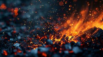 Abstract view of molten metal with vibrant blue and orange sparks photo