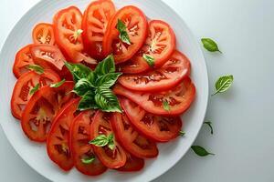 Artistic arrangement of tomato slices fanned out on a plate, top view, elegant presentation photo