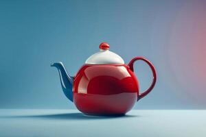 A quirky teapot painted in red, white, and blue, on a blue to white gradient background photo