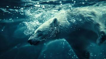 Polar bear swimming underwater, clear view of the bear and bubbles, icy blue tones photo