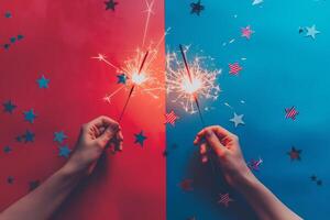 Overhead shot of hands holding sparklers, surrounded by mini American flags, on a subtle red to blue gradient background for the 4th of July photo