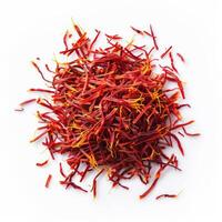 Top view of saffron threads scattered delicately, isolated on white background photo