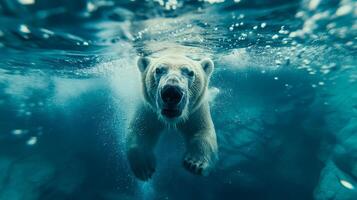 Polar bear swimming underwater, clear view of the bear and bubbles, icy blue tones photo