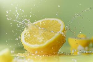 Lemon juice splashing on a light yellow to green gradient background, zesty and fresh photo