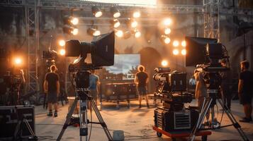 Behind the scenes view of a film crew setting up lighting equipment on set photo