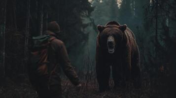 persona apoyo lejos desde un gruñendo oso en un oscuro bosque a crepúsculo foto