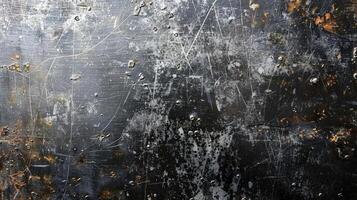 Overhead view of a weathered metal surface with scratches and dents, creating a grunge texture photo