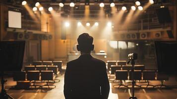 Journalist rehearsing in an empty news studio, practicing lines with empty seats around photo