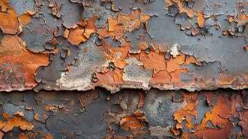 Wide angle view of a rusty metal surface with peeling paint and visible textures photo