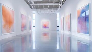 Wide angle view of an art gallery wall featuring a series of abstract watercolor paintings in soft pastel hues photo