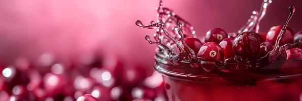 Cranberry juice splash on a dark red to pink gradient background, rich and vibrant photo