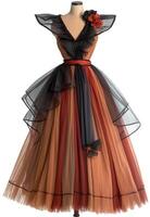 Elegant black and orange tulle evening gown with floral accent isolated on a white background, ideal for Halloween or masquerade themed events photo