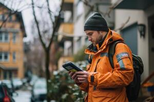 Scientist testing air quality with a portable device in a residential area photo
