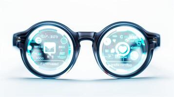 A pair of glasses with transparent displays showing AI enhanced social media notifications, isolated on white background photo