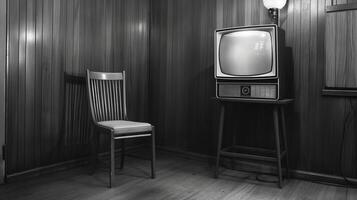 un Clásico negro y blanco televisión radiodifusión antiguo comerciales, madera panelado habitación foto