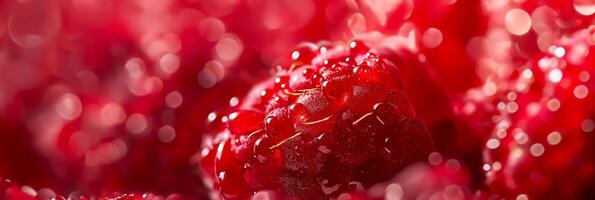Closeup of a raspberry texture, red with tiny drupelets, juicy and vibrant photo