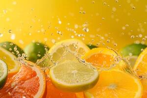 Lemon juice splashing on a light yellow to green gradient background, zesty and fresh photo