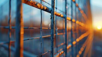Macro shot of a metal grid with a focus on the intersection points, against a blurred background photo