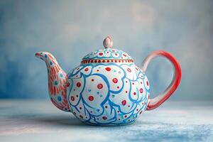 A quirky teapot painted in red, white, and blue, on a blue to white gradient background photo