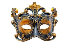 Elegant Venetian mask with gold and blue decorations, isolated on a white background, ideal for Carnival and masquerade themed designs or events photo