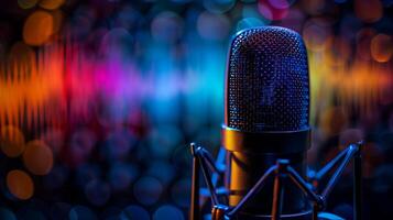 Dramatic lighting on a microphone with colorful abstract sound waves emanating in the background photo