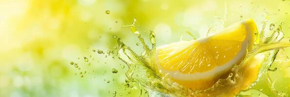 Lemon juice splashing on a light yellow to green gradient background, zesty and fresh photo