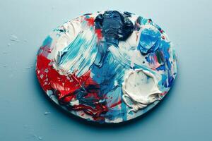 An artists palette with paints in red, white, and blue, on a gentle white to blue gradient background photo