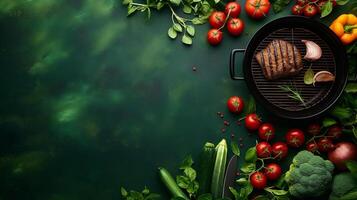 Top down view of minimalist barbeque with assorted vegetables, soft green gradient background photo