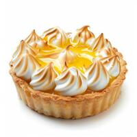 A vibrant lemon meringue pie with a glossy topping, isolated on a white background photo