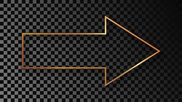 Gold glowing arrow shape frame with shadow isolated on dark background. Shiny frame with glowing effects. illustration. vector
