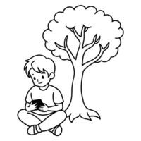 A Cute Boy is Using Mobile Phone Sitting Under A Tree vector