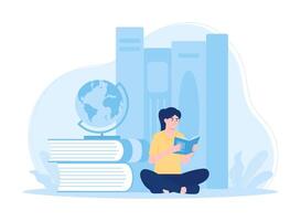 Reading educational learning students sitting reading books and globe concept flat illustration vector