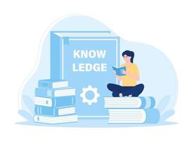 Students sit on books and read science concept flat illustration vector