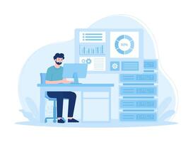 Man working on data analysis computing process using cloud technology software concept flat illustration vector