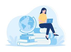 mujer sentado en un libro estudiando con ordenador portátil y globo concepto plano ilustración vector