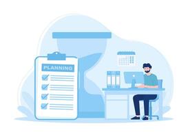 Time management man sitting with computer working with business plan concept flat illustration vector