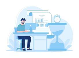 Time management man sitting with computer working with business plan concept flat illustration vector