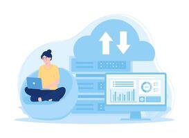 Website hosting a woman sits in a chair with a laptop concept flat illustration vector