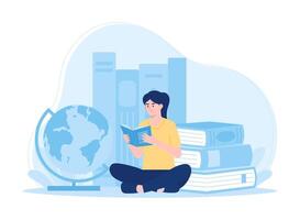 reading educational learning students sitting reading books and globe concept flat illustration vector