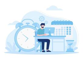 Time management man sitting with computer working with business plan concept flat illustration vector
